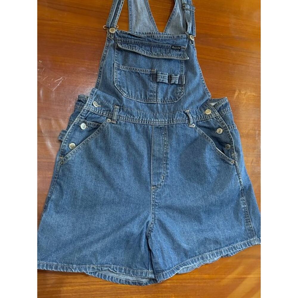 Retro Route 66 Blue Denim Carpenter Overall Shorts Y2K Workwear Grunge Shortall